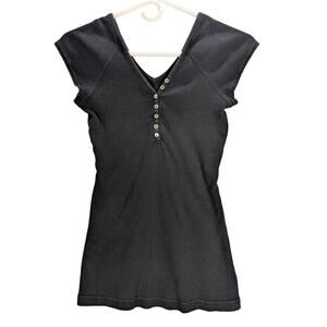 Vintage Self Esteem Henley Shirt Womens XL Black Ribbed V Neck Grunge 90s READ